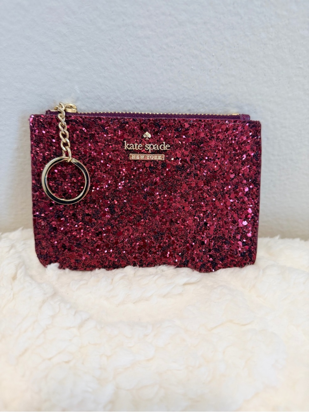 Kate Spade Glitter Zip Cardholder Wristlet in Deep Pink with Gold Hardware